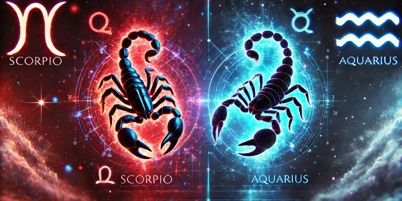 Dwa skorpiony, jeden w czerwonej poświacie z napisem SCORPIO, drugi w niebieskiej z napisem AQUARIUS. Wodnik i skorpion w kosmicznej oprawie.