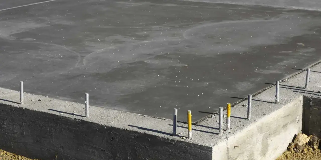 Dalle de béton fraîchement coulée, montrant la base d'une fondation et l'épaisseur de la semelle en béton.