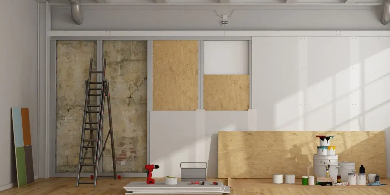 Chantier de rénovation avec panneaux de bois, échelle, outils et pots de peinture.