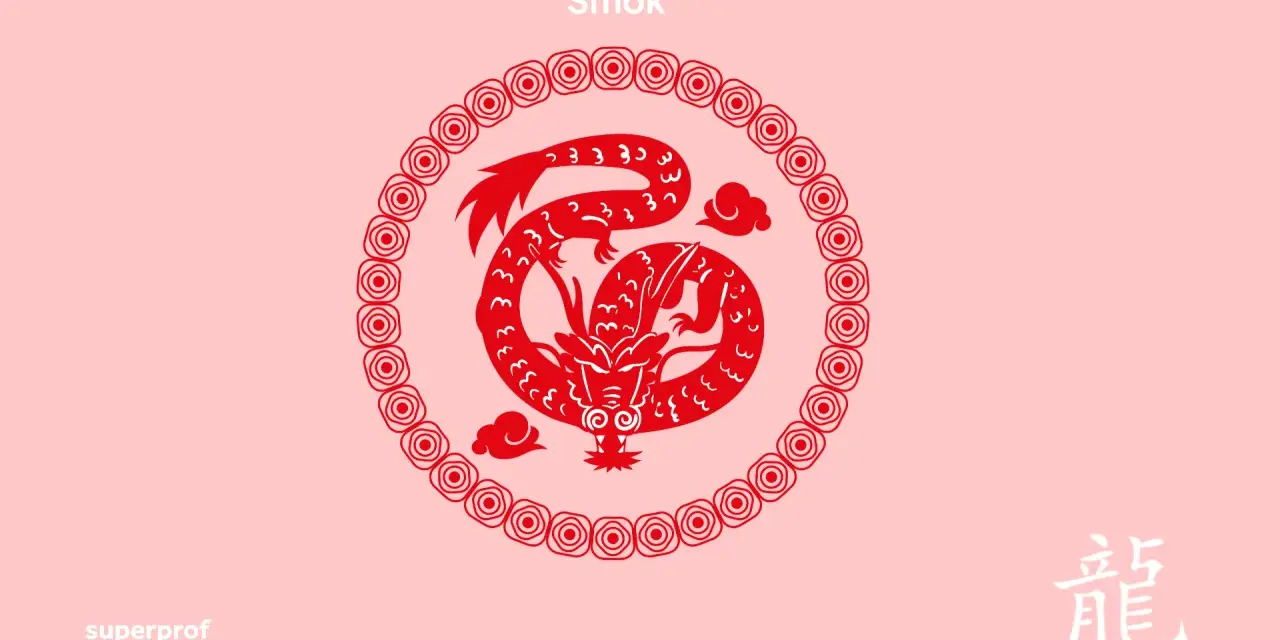 Czerwony smok, chiński znak zodiaku 2000, w okrągłej ramce. Obok biały chiński znak "smok".
