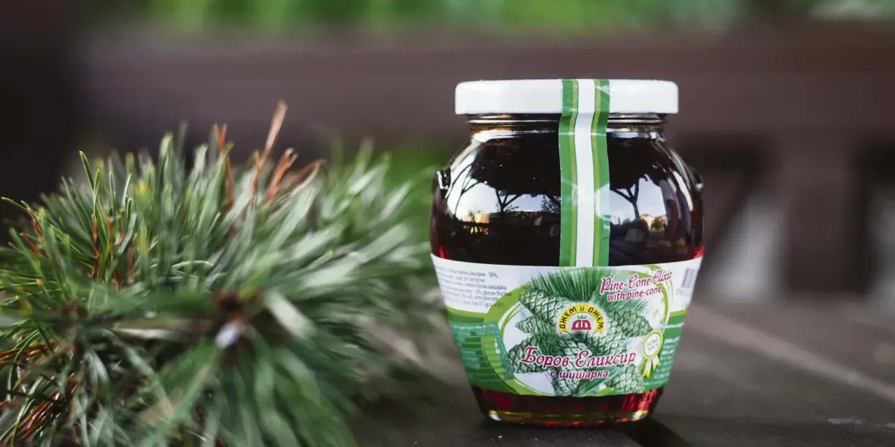 Słoik syropu z sosny, obok gałązka iglaków. Na etykiecie widnieje napis "Pine-Cone Elixir", sugerujący naturalne pochodzenie i potencjalne zastosowanie.