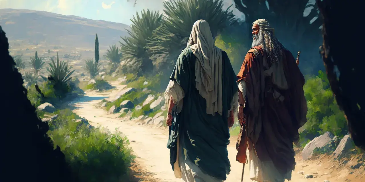 Zwei Männer, die an die Auferstehung Christi denken, wandern auf einem staubigen Weg durch eine sonnige Landschaft.