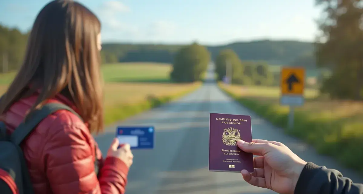Podróż do Szwecji? Czy do Szwecji potrzebny jest paszport? Kobieta z plecakiem trzyma kartę, a ręka pokazuje paszport na tle drogi.