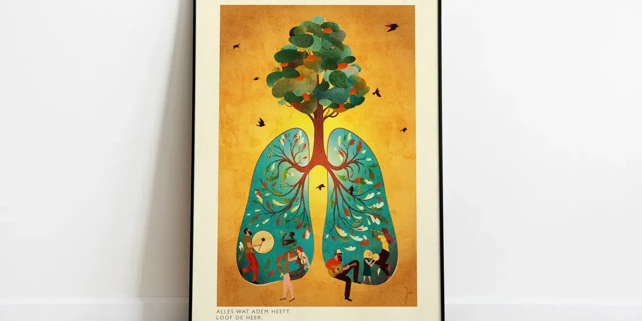 Illustration inspiriert von Psalm 150: Ein Baum wächst aus Lungen, umgeben von Vögeln und Menschen, die Musik machen.