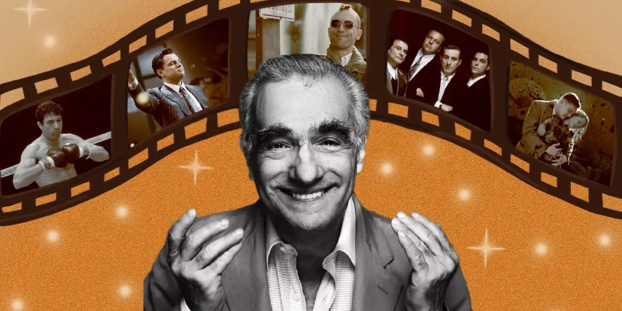 Uśmiechnięty Martin Scorsese na tle klatki filmowej z fragmentami jego kultowych filmów: "Chłopcy z ferajny", "Taksówkarz", "Wściekły byk".