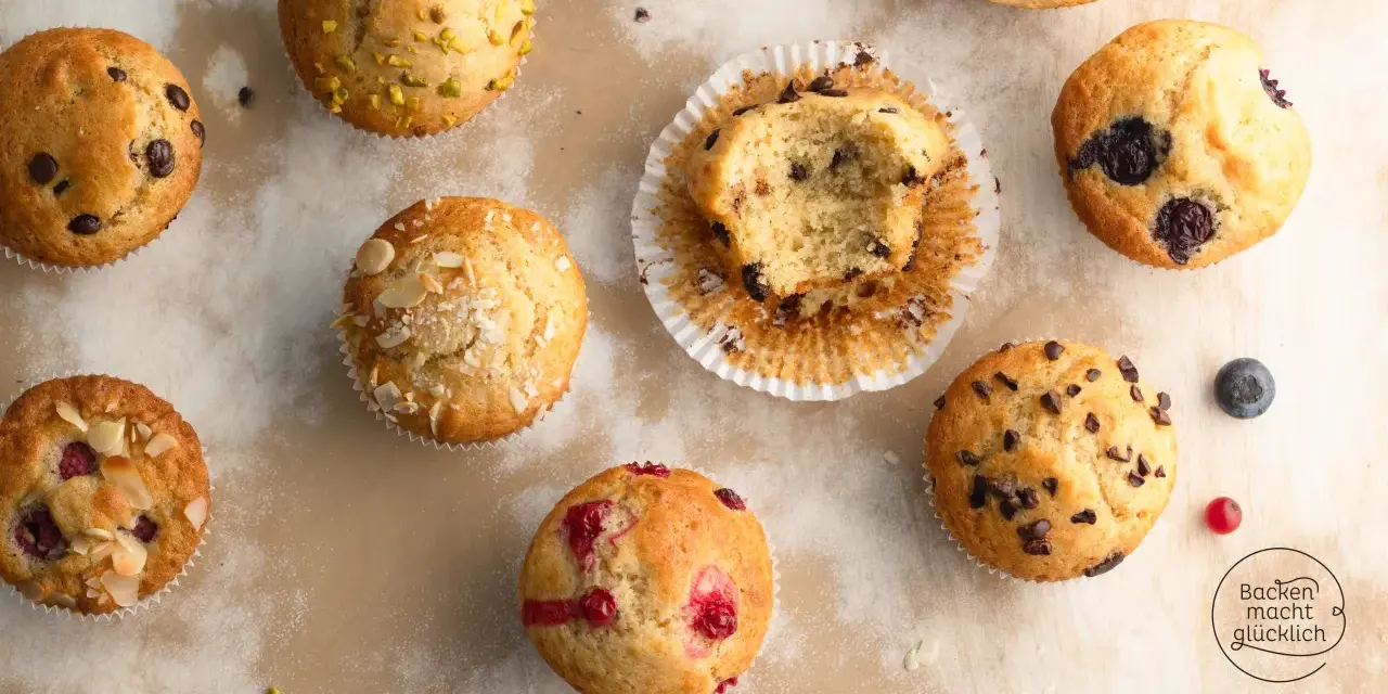 Verschiedene Muffins, perfekt für die Backzeit: Schoko, Blaubeer, Himbeer und Mandel. Ein Genuss für jeden Gaumen!