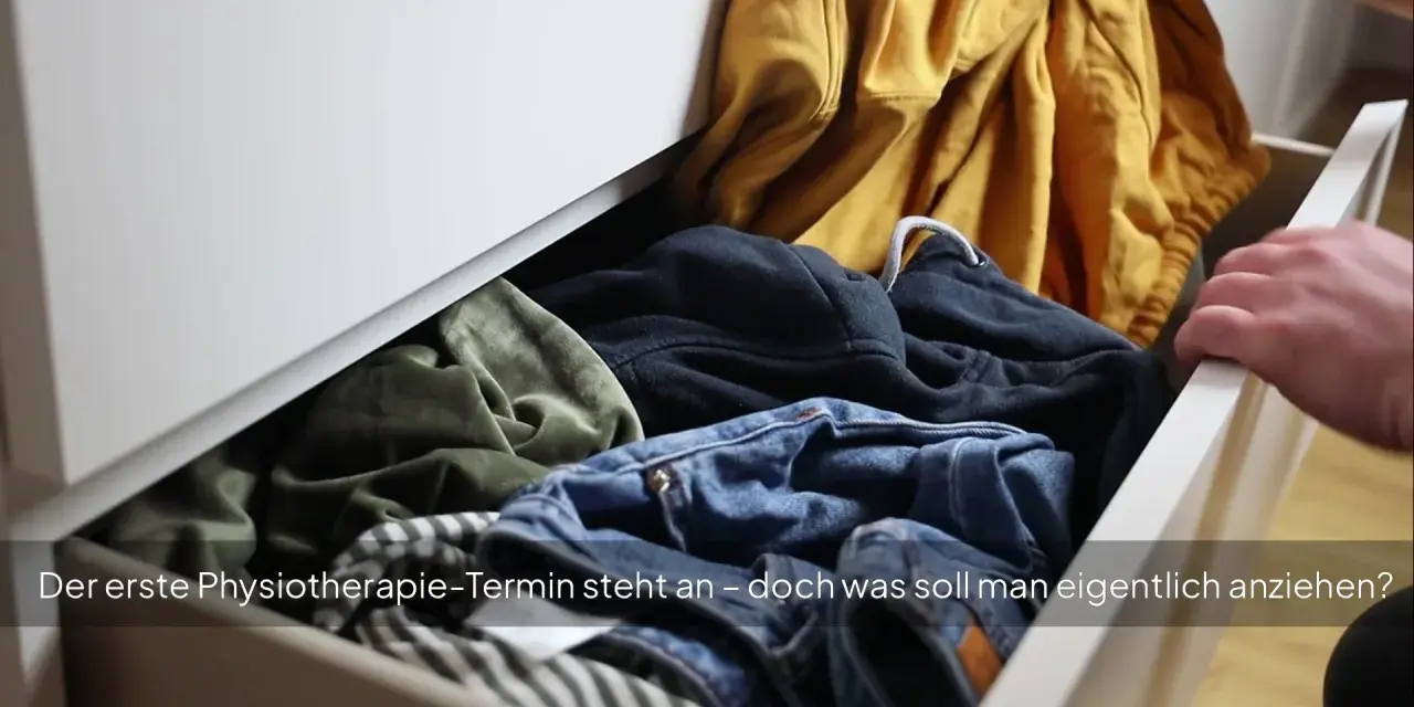 Offener Schubladeninhalt mit Kleidung. Ein Mann greift hinein, um sich für den Physiotherapie-Termin anzuziehen.