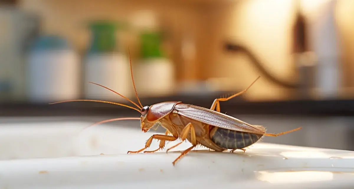 Una cucaracha en una superficie blanca, quizás huyendo del amoniaco.