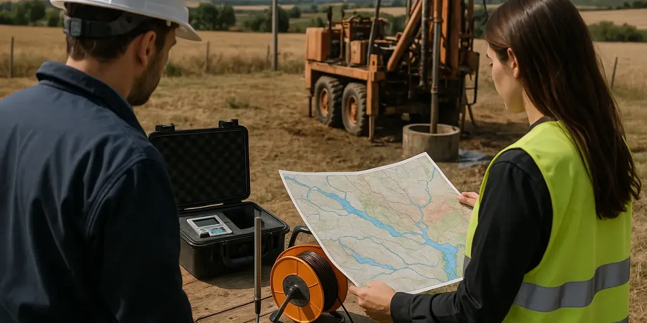 Ingenieros revisan mapa y equipo para saber como legalizar un pozo ya hecho. En el fondo, una máquina perforadora.