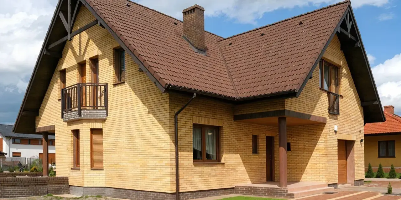 Nowy dom z żółtej cegły, z brązowym dachem i kominem. Widoczny cokół, balkon i wejście zadaszone.