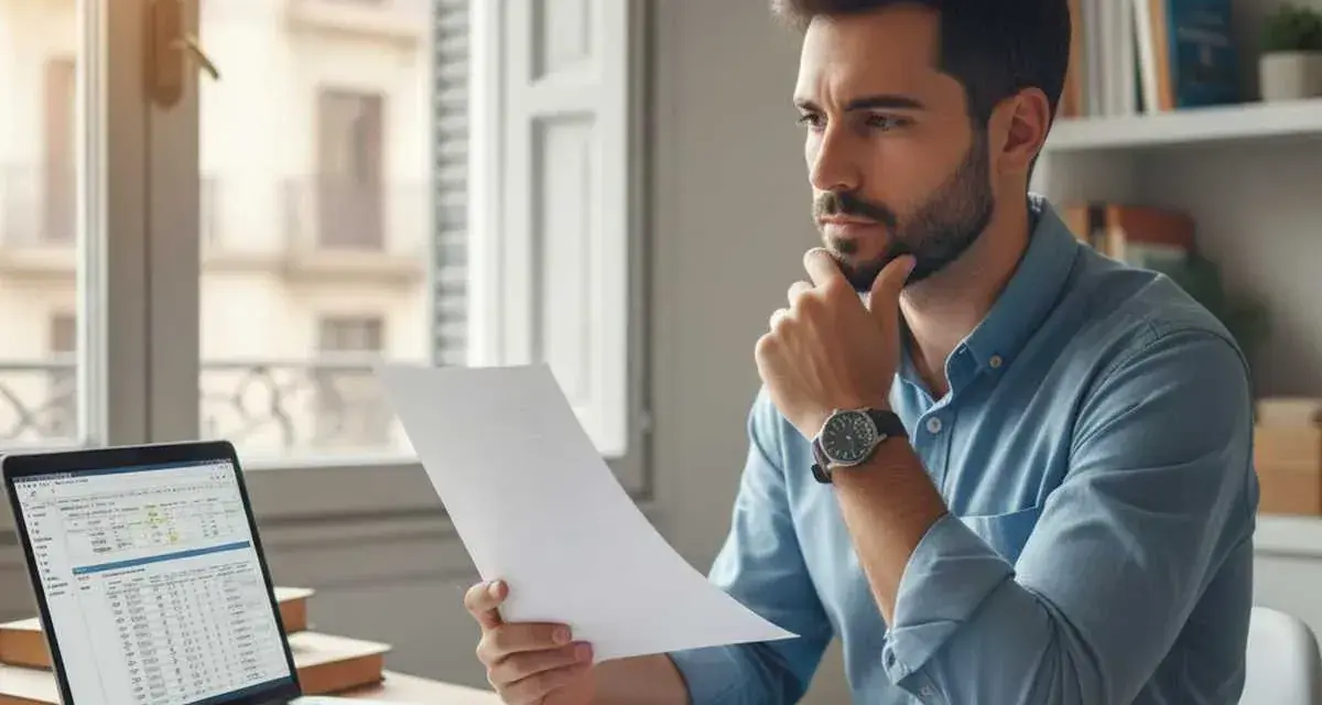 Hombre revisa documentos, consultando su portátil con datos financieros. Podría estar verificando su vat number españa para trámites.