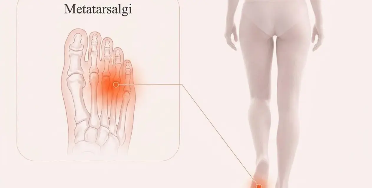 Illustration av en fot med markerad smärta i framfoten, som visar metatarsalgi. En figur visar smärtan i foten.