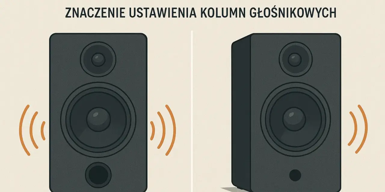 Dwa głośniki: jeden z bass-reflex z przodu, drugi z tyłu. Ilustracja pokazuje znaczenie ustawienia kolumn głośnikowych.