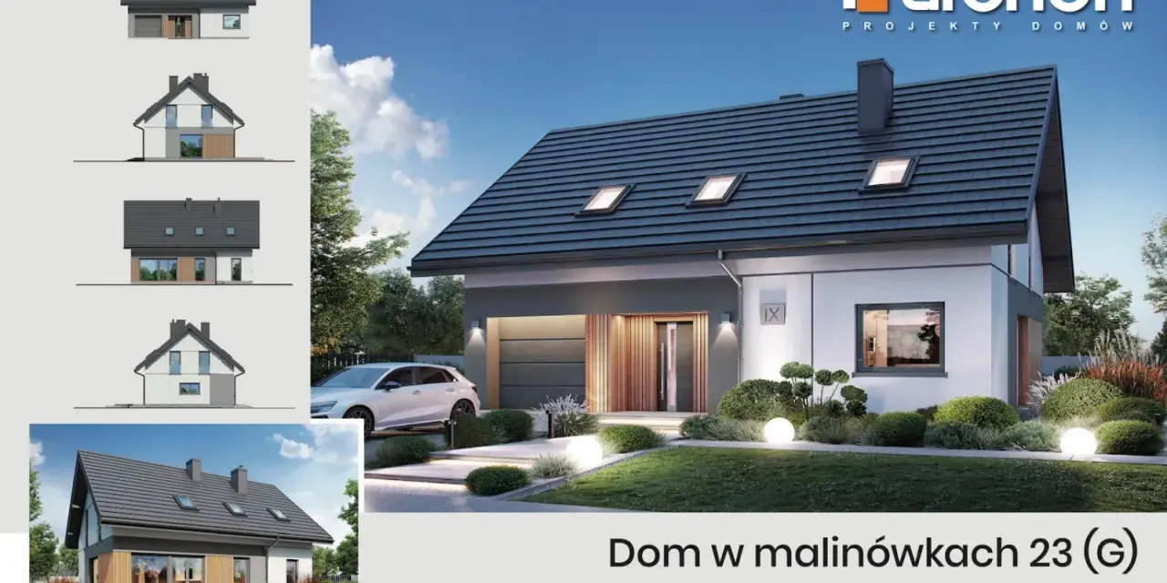 Nowoczesny dom w Malinówkach 23 (G) w stanie surowym zamkniętym. Projekt z garażem, tarasem i basenem.