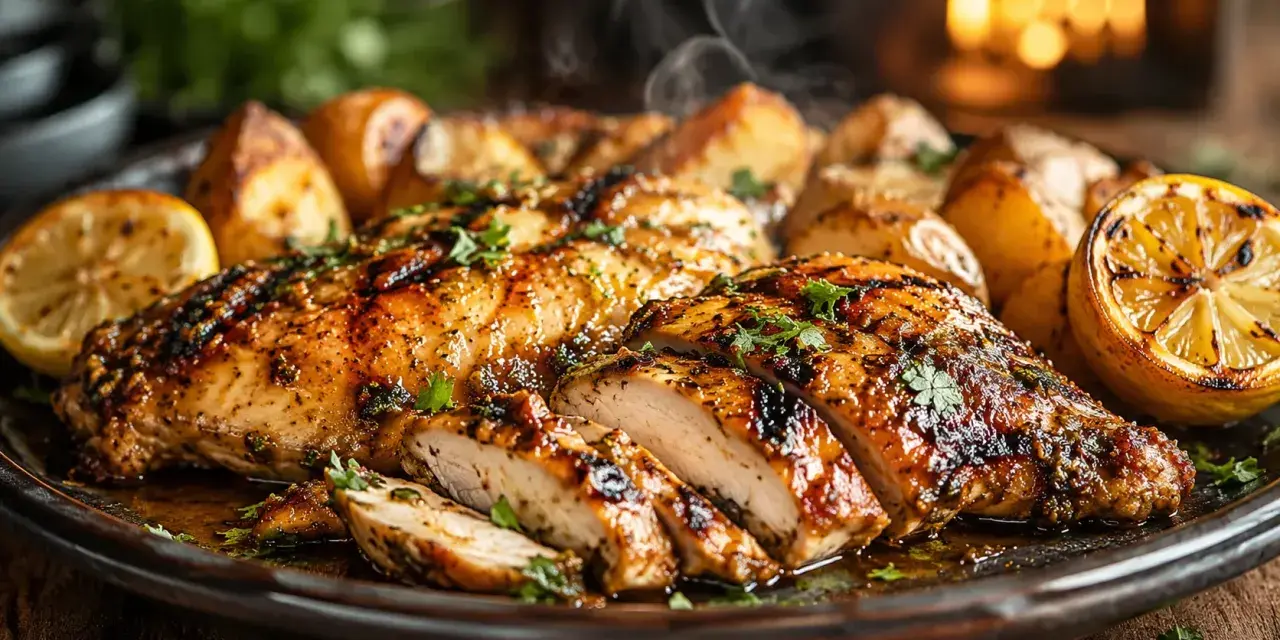 Délicieux poulet en sauce, grillé et tranché, servi avec des pommes de terre rôties et des quartiers de citron. Une recette parfaite pour un repas savoureux.