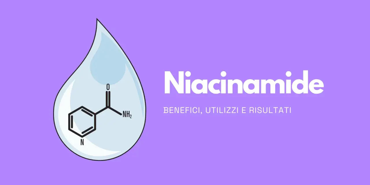 Goccia con formula chimica di niacinamide, ingrediente chiave per combattere l'acne. Benefici, utilizzi e risultati.