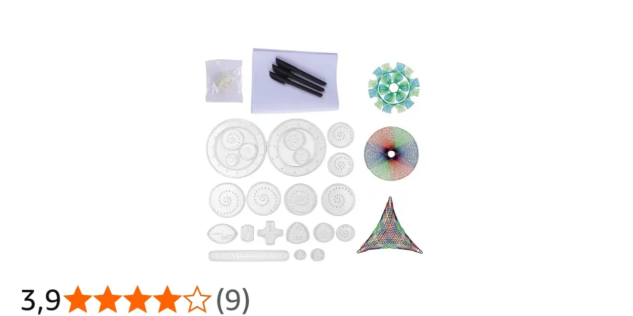 Kit para crear arte espiral, ideal para tutoriales de dibujo. Incluye plantillas, bolígrafos y papel.