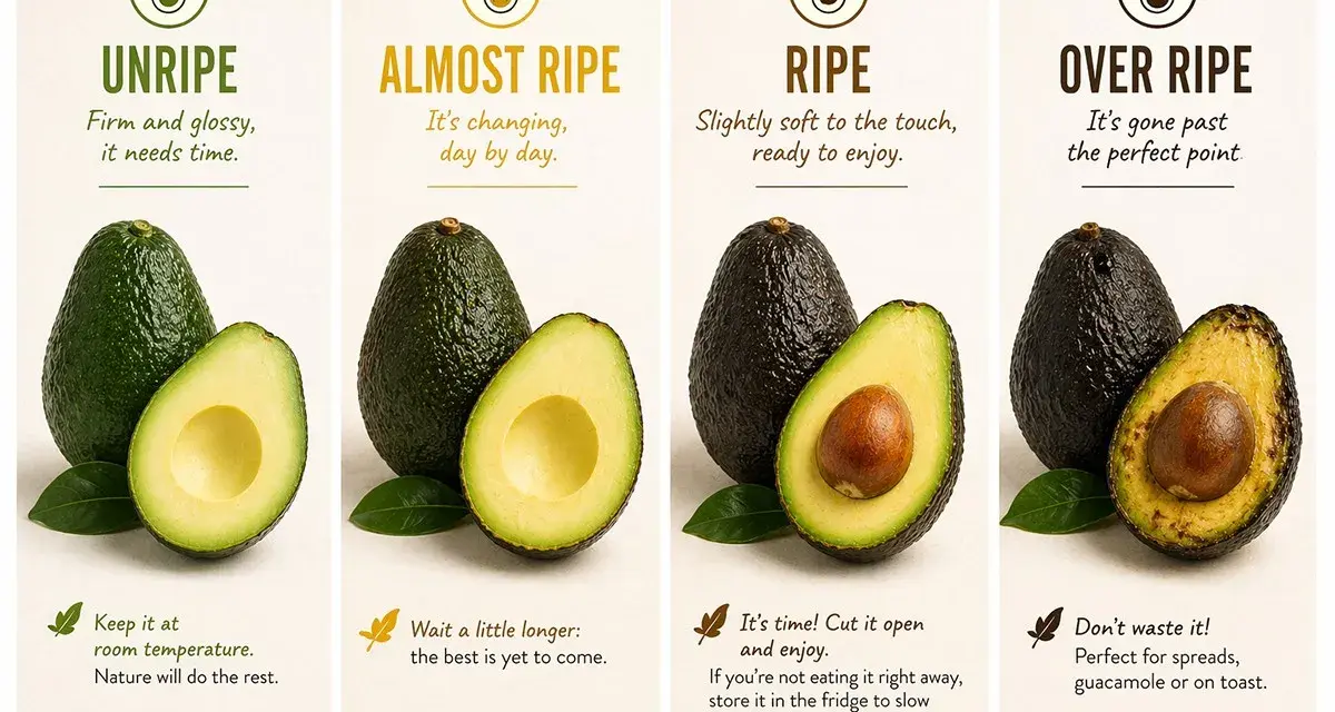 Avocados in verschiedenen Reifestadien: Unreif, fast reif, reif und überreif. So lässt man Avocados reifen.