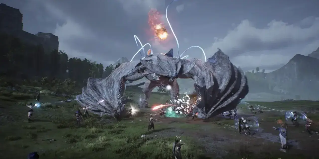 Un colosal dragón de piedra ataca en Chrono Odyssey. Guerreros luchan contra la bestia en un campo abierto, rodeados de magia y explosiones.