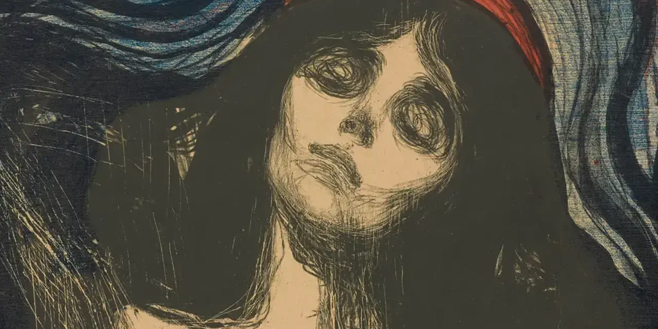 Intensywny portret kobiety z krwistoczerwonym nakryciem głowy, przypominający "Madonnę" Edvarda Muncha.
