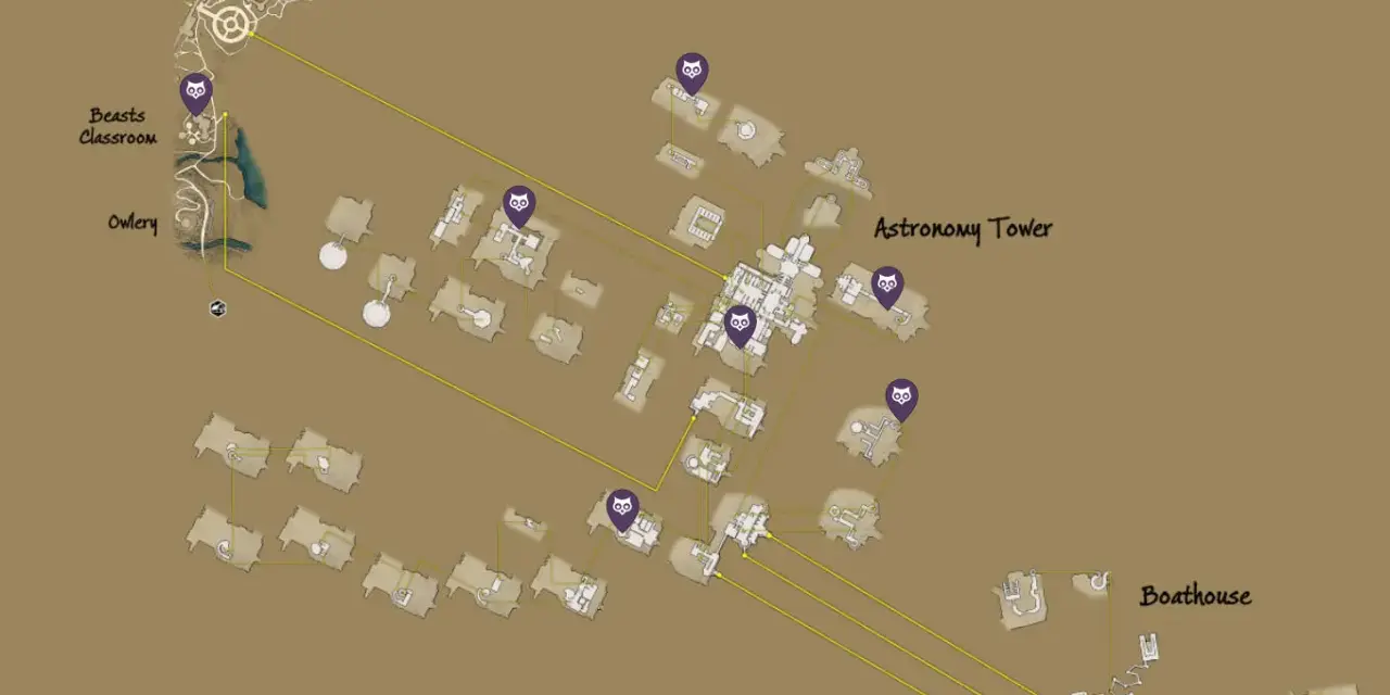 Mapa de Hogwarts con puntos morados indicando dónde devolver las lunas de Demiguise a Gladwin Moon.