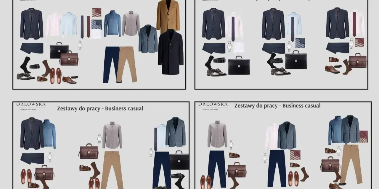 Zestawy do pracy w stylu business casual: marynarki, koszule, swetry, spodnie, buty i akcesoria.
