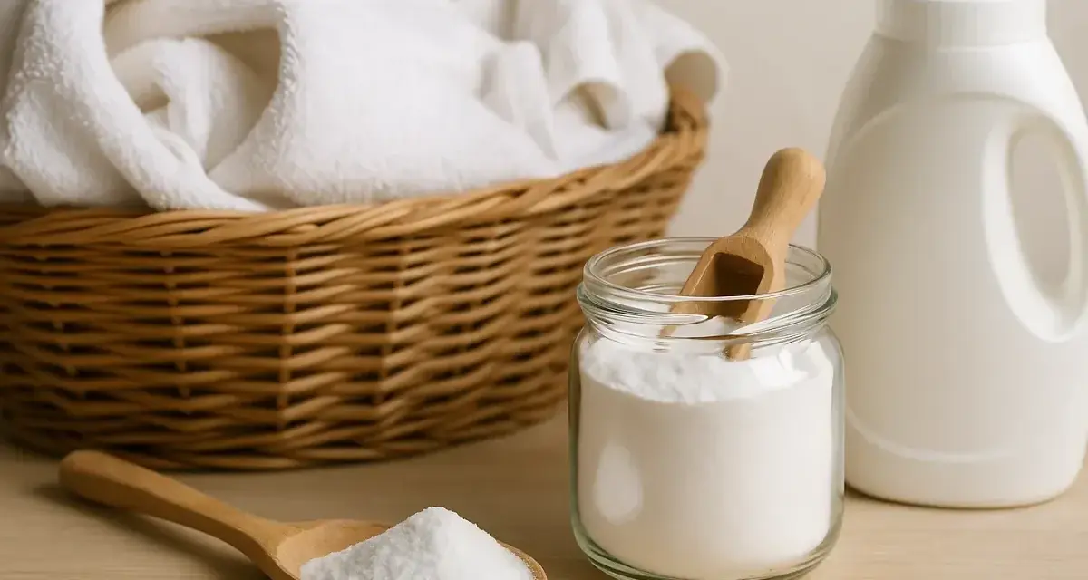Cesta con ropa blanca, un frasco de bicarbonato y un bote de detergente. ¡Cuidado! el bicarbonato estropea la ropa de color.
