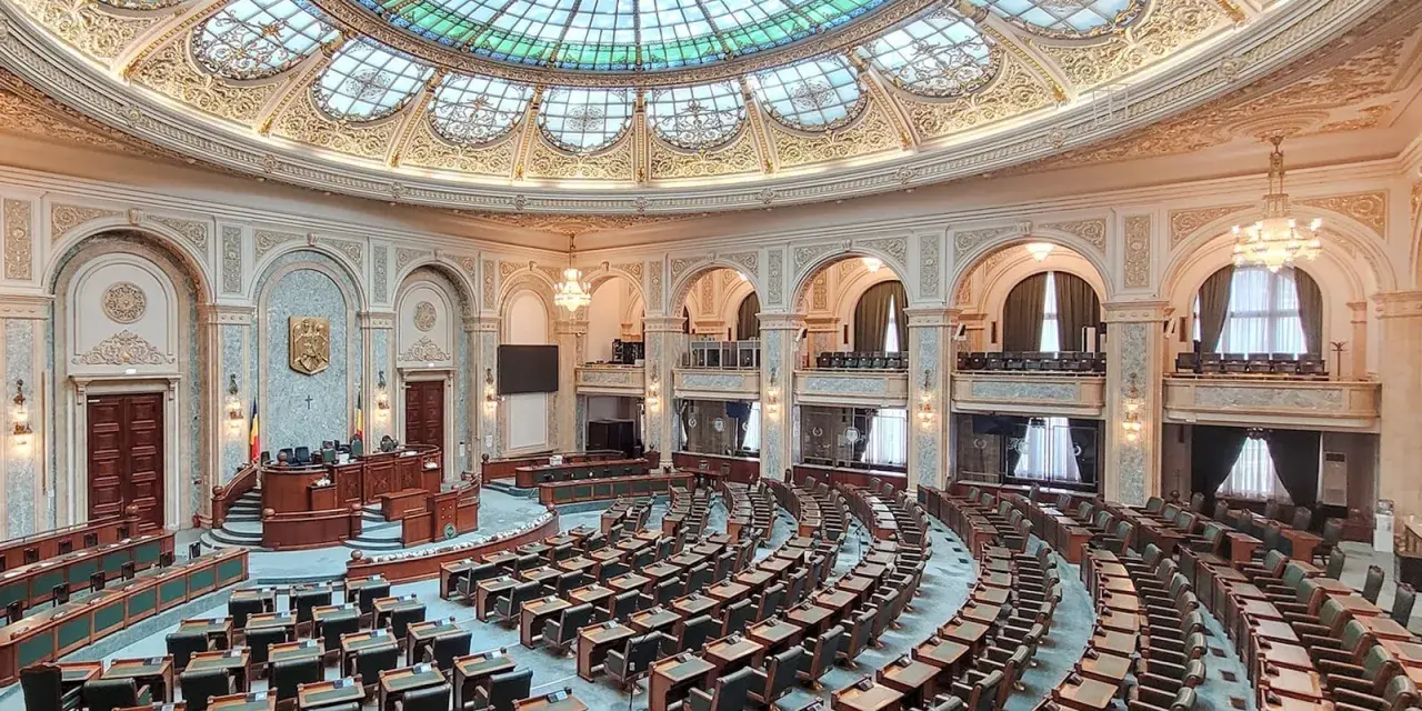Wnętrze sali plenarnej, gdzie odbywają się obrady bukareszt parlament. Wspaniała, zdobiona kopuła i rzędy pustych miejsc czekają na posłów.