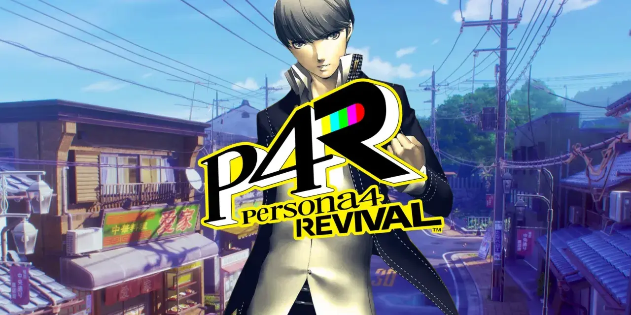 El protagonista de Persona 4 Revival, un remake, se alza sobre un pueblo japonés con un logo llamativo.