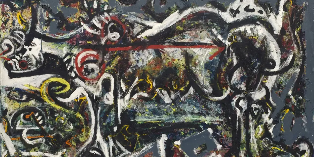 Œuvres d'art de Jackson Pollock : une toile abstraite aux éclaboussures de peinture noires, blanches, rouges et jaunes sur fond gris.