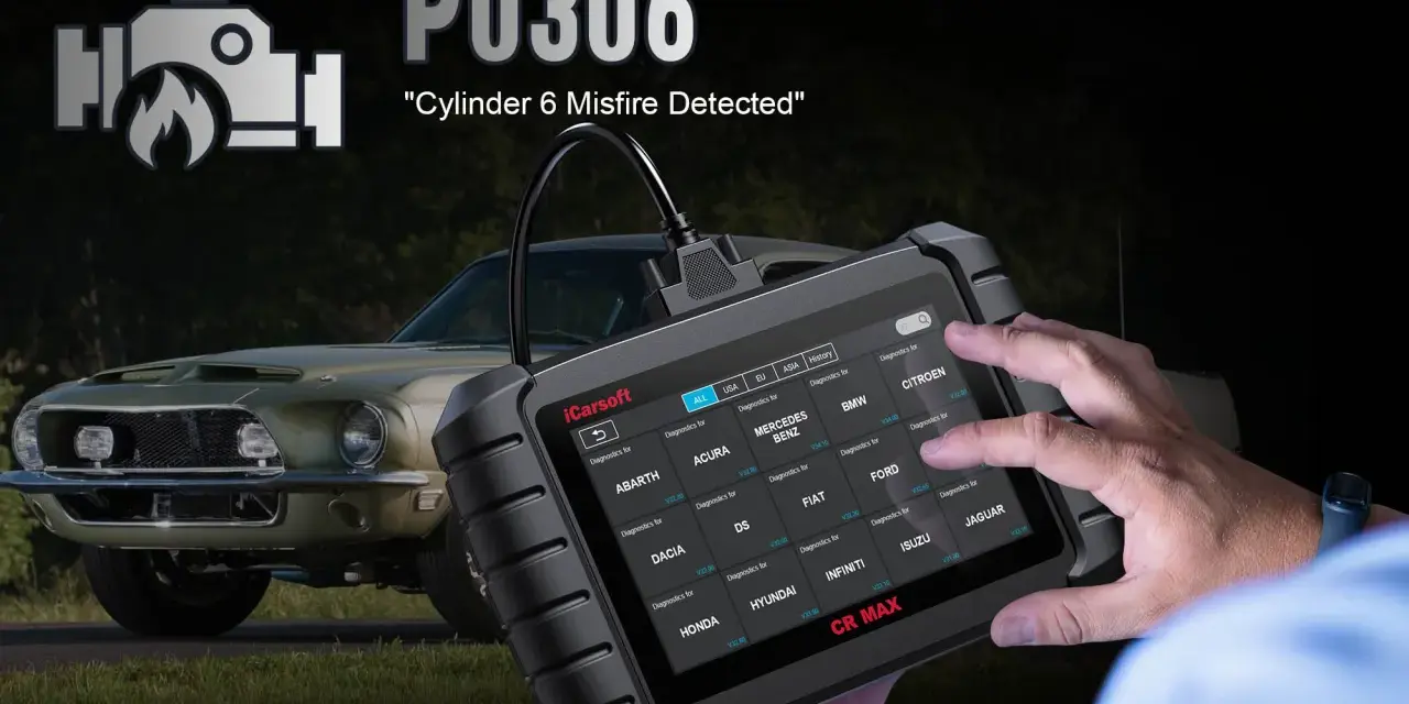 Diagnosing a P0306 code, "Cylinder 6 Misfire Detected," with an iCarsoft CR MAX scanner.