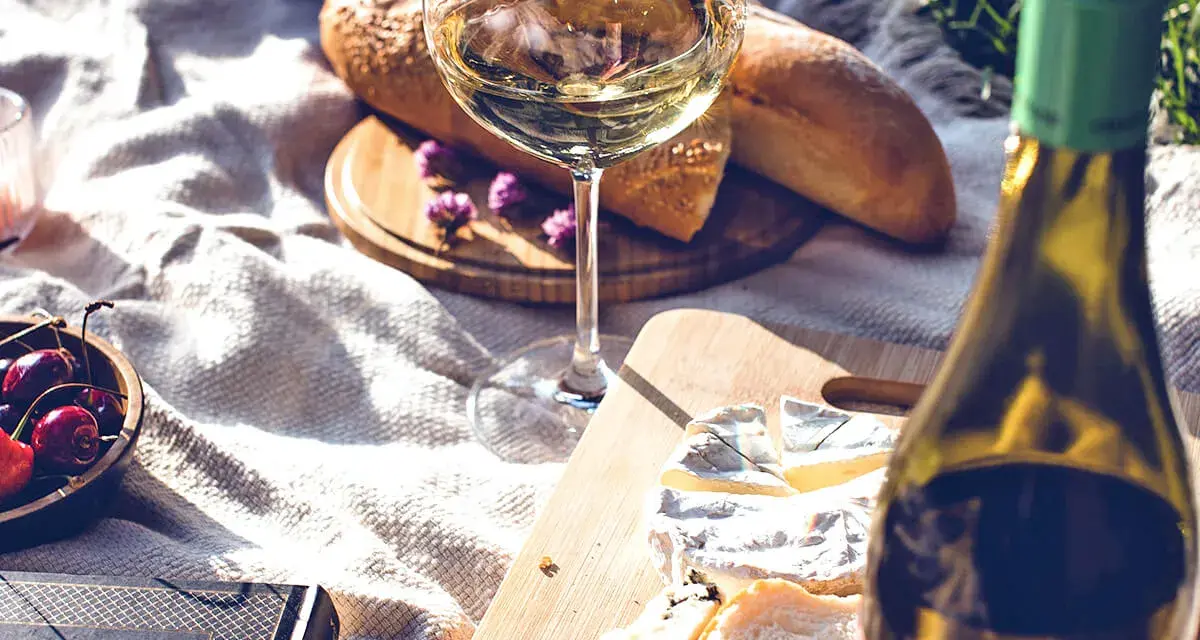 En härlig picknick med vin till brieost, färskt bröd och körsbär.