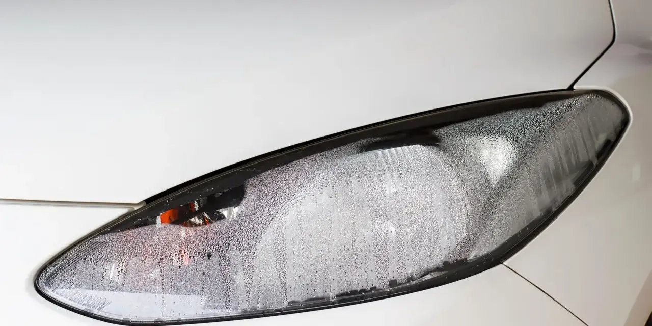 Kleine Wassertropfen bedecken das Glas des weißen Autoscheinwerfers. Feuchtigkeit im Scheinwerfer ist sichtbar.