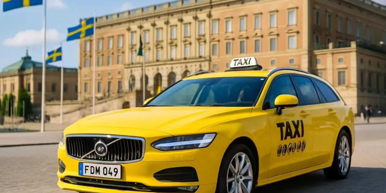 Gelbes Taxi in Schweden vor einem prächtigen Gebäude, mit schwedischen Flaggen im Hintergrund.
