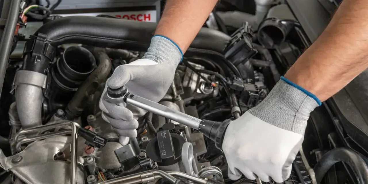 Mechanik w białych rękawiczkach dokonuje wymiany świec zapłonowych w silniku samochodu, używając klucza dynamometrycznego.