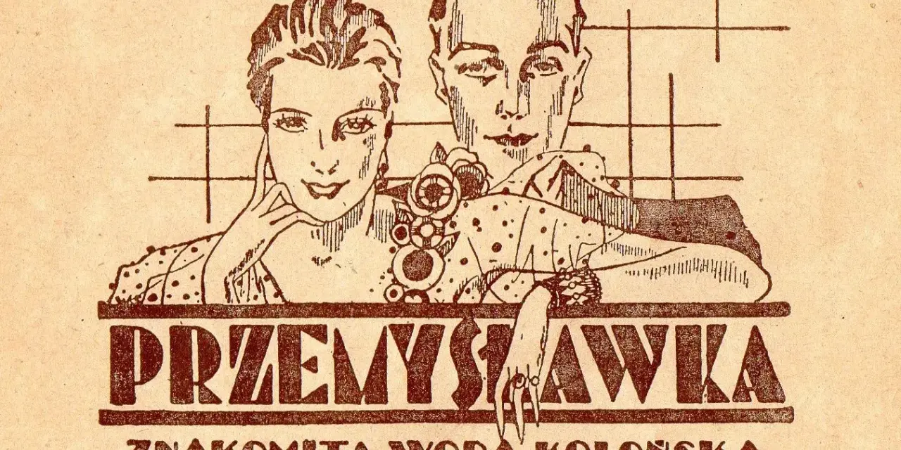 Elegancka para reklamuje wodę kolońską PRl "Przemysławka" od HEZA.
