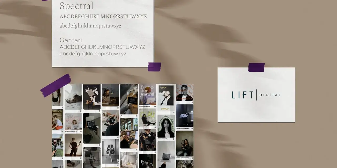 Jak stworzyć spójny moodboard stylowej imprezy: inspiracje, fonty Spectral i Gantari, logo LIFT DIGITAL, zdjęcia ludzi przy pracy i detale.