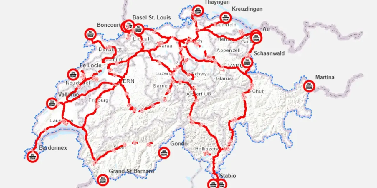 Mapa Szwajcarii z zaznaczonymi trasami i punktami granicznymi.