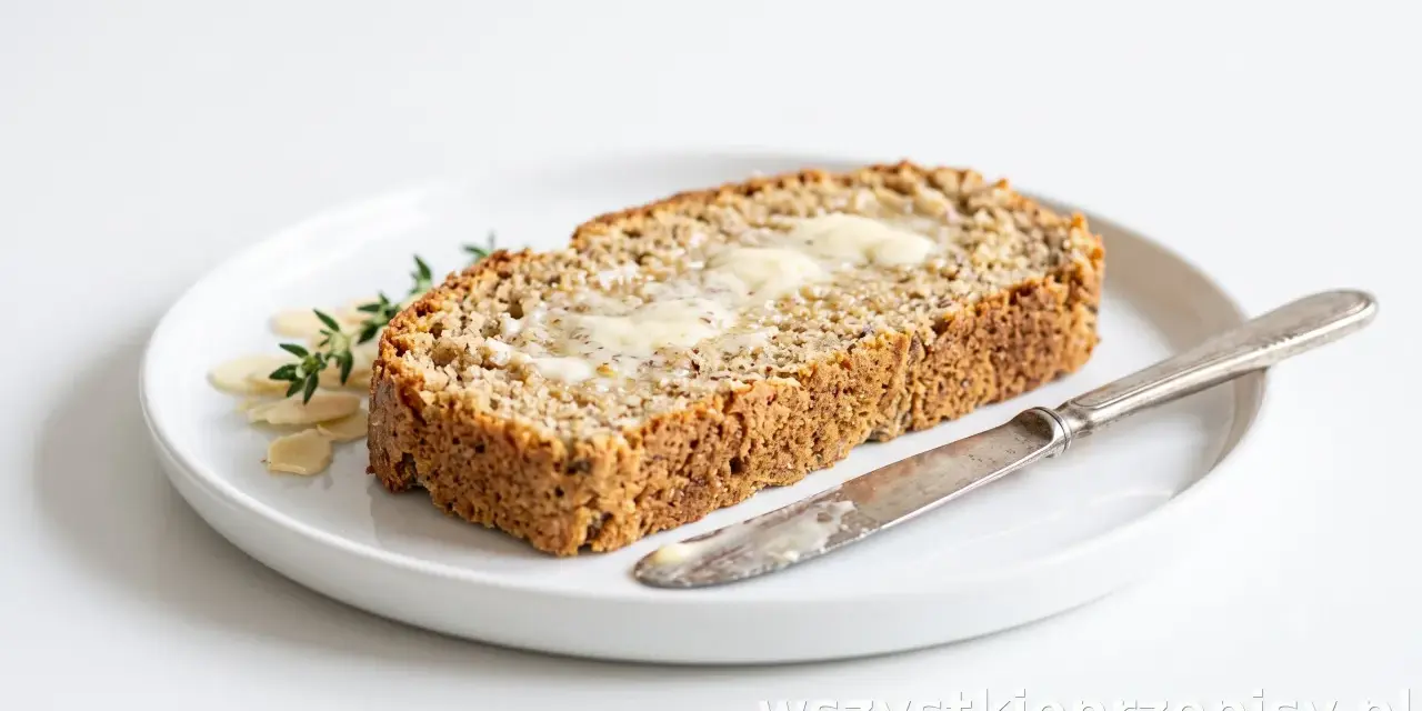 Keto chleb z mąki migdałowej i kokosowej, posmarowany masłem, na talerzu z płatkami migdałów i gałązką tymianku. Obok leży nóż.