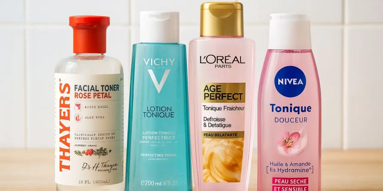Quatre bouteilles de toniques pour le visage : Thayers, Vichy, L'Oréal et Nivea. Un tonique sert à rafraîchir et préparer la peau.