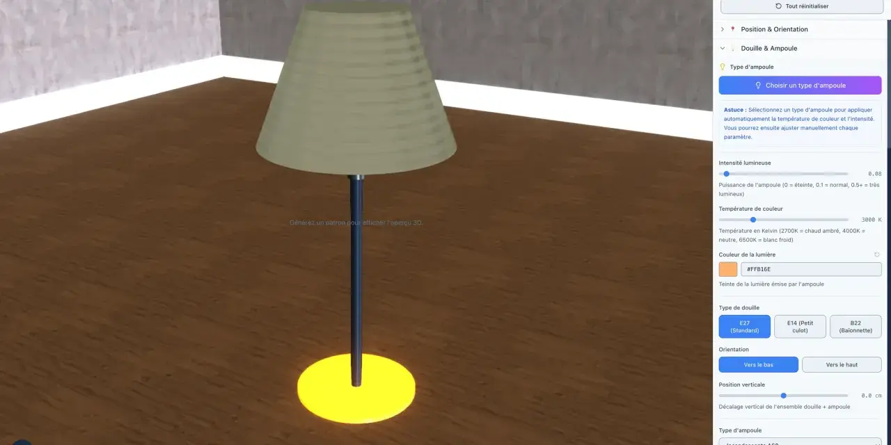 Lampe sur pied avec abat-jour beige, prête à refaire un abat-jour. Paramètres 3D pour ajuster l'ampoule.