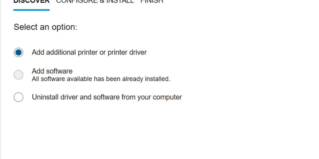 Instalator HP Driver and Software Installer. Wybierz opcję: Dodaj drukarkę lub sterownik drukarki, np. sterownik HP 1018.