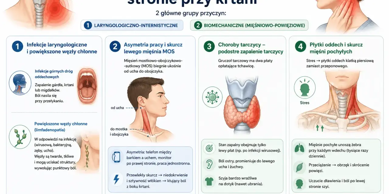 Anatomia szyi z boku, pokazująca budowę mięśni i struktur, które mogą powodować ból po lewej stronie krtani.