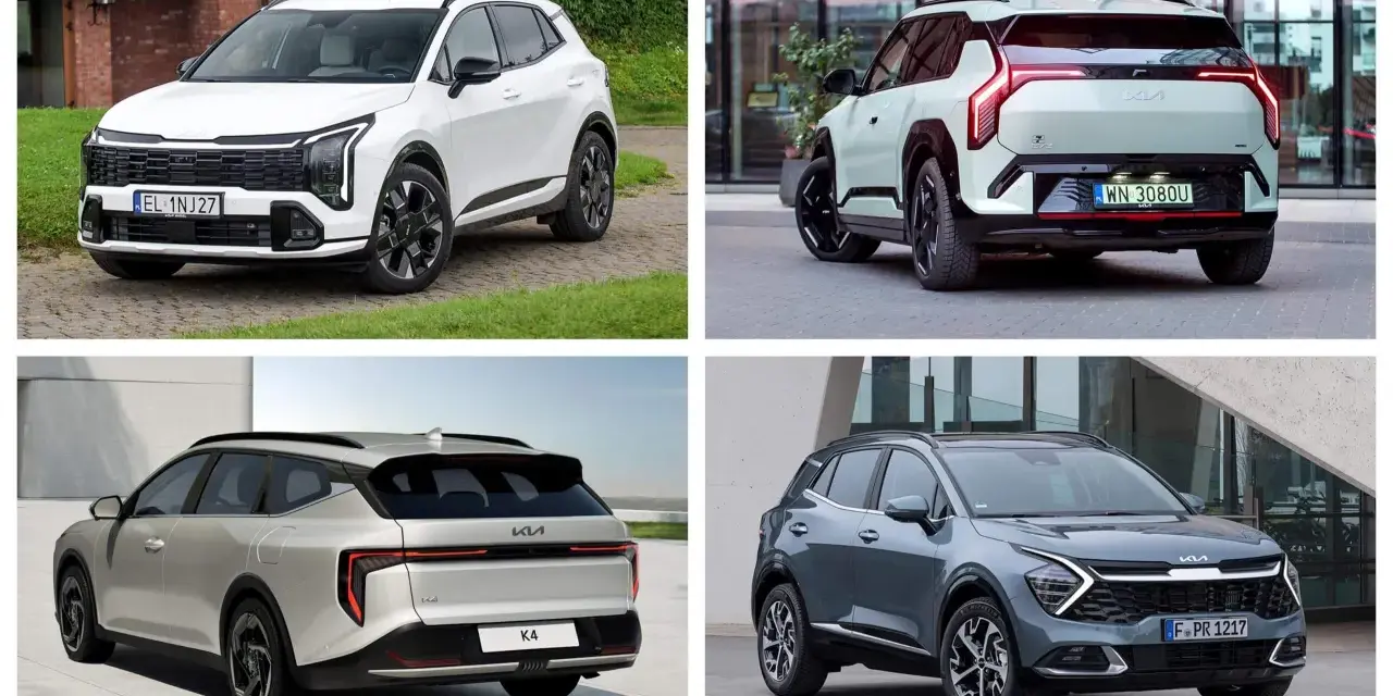 Cztery różne modele kia suv: biały z przodu, jasnoszary z tyłu, srebrny z tyłu i szary z przodu.