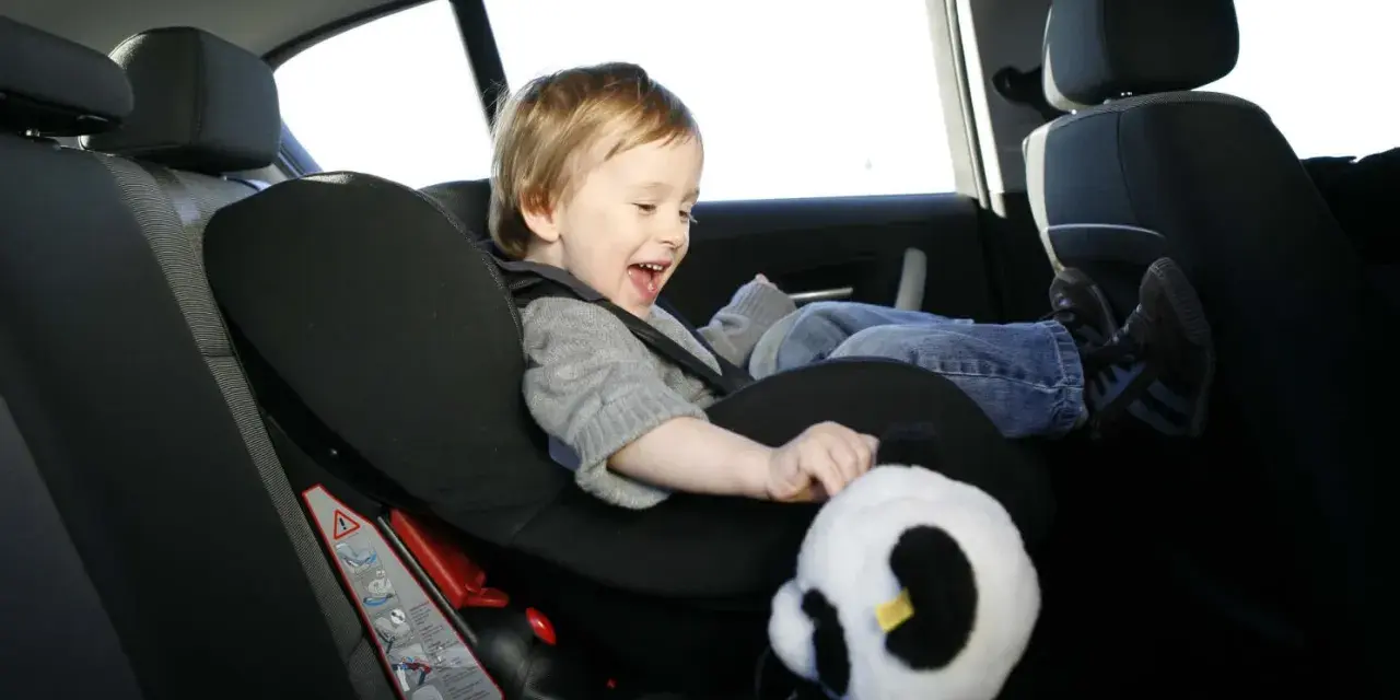 Ein fröhliches Kind sitzt im Kindersitz im Auto und spielt mit einem Panda-Stofftier.