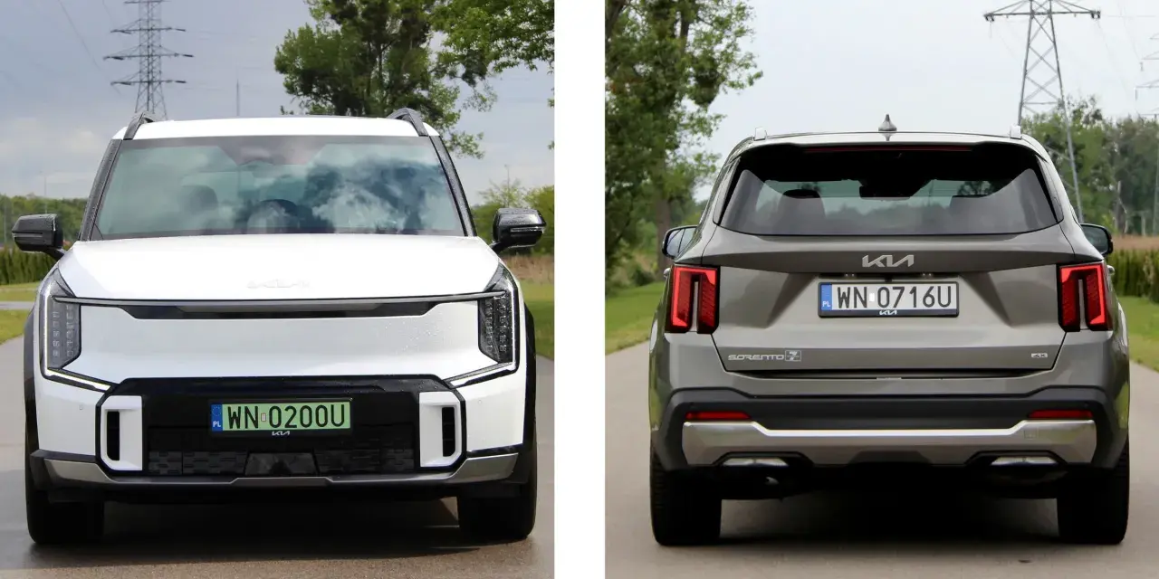 Biała Kia EV9 z przodu i szara Kia Sorento z tyłu, obie na drodze.