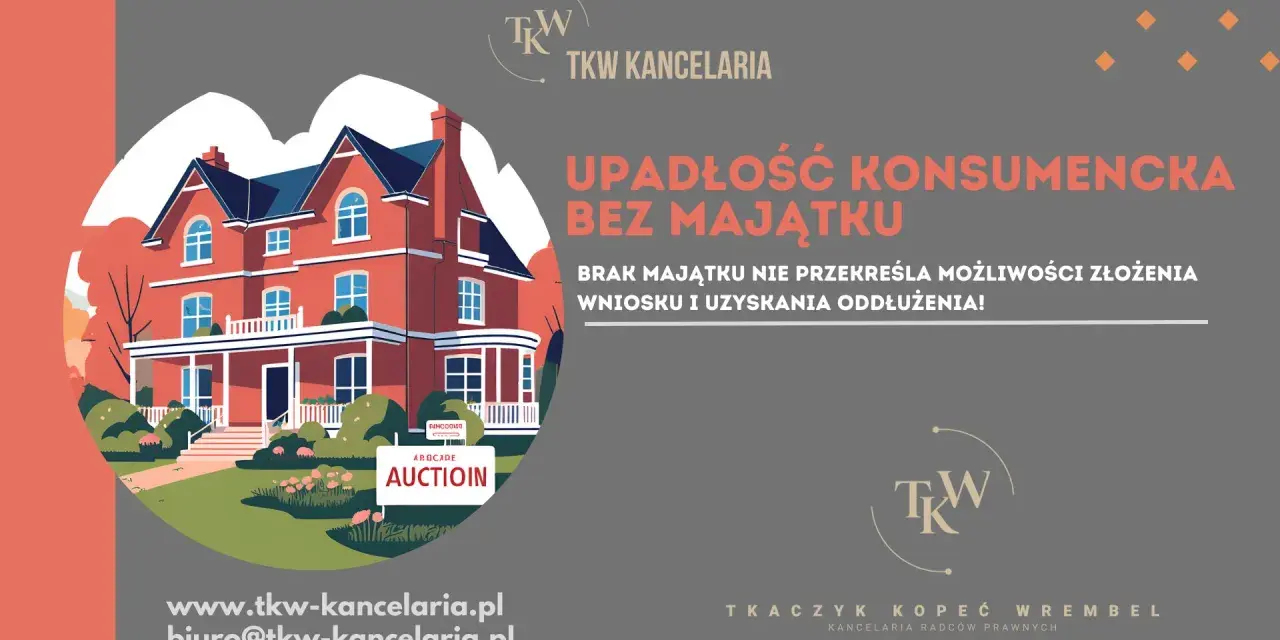 Ilustracja czerwonego domu z werandą i ogrodem, z tabliczką "AUCTION" na trawniku.