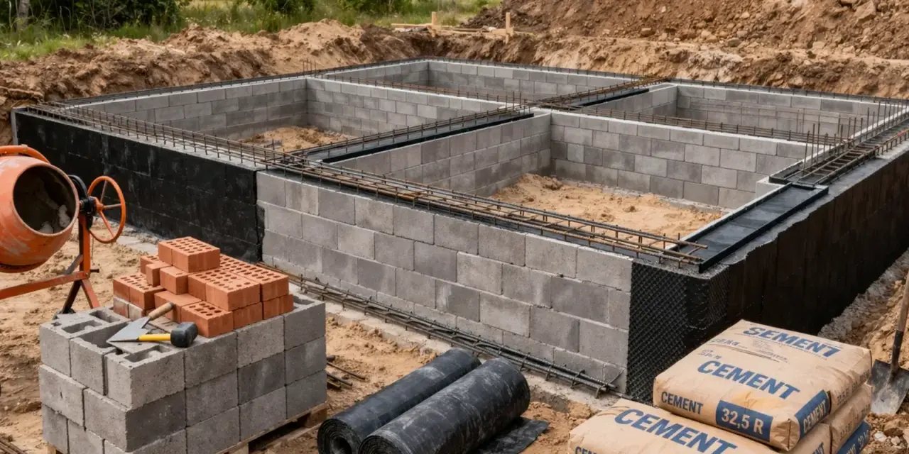 Fundamenty budynku w stanie zero. Betonowe bloki, zbrojenie i materiały budowlane, jak cement, czekają na dalsze prace.