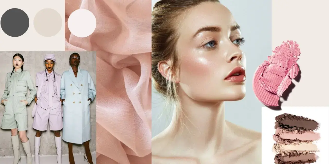 Moodboard con palette colori neutri e pastello, tessuti leggeri, modelle con outfit coordinati e focus su make-up luminoso per un look da giorno.