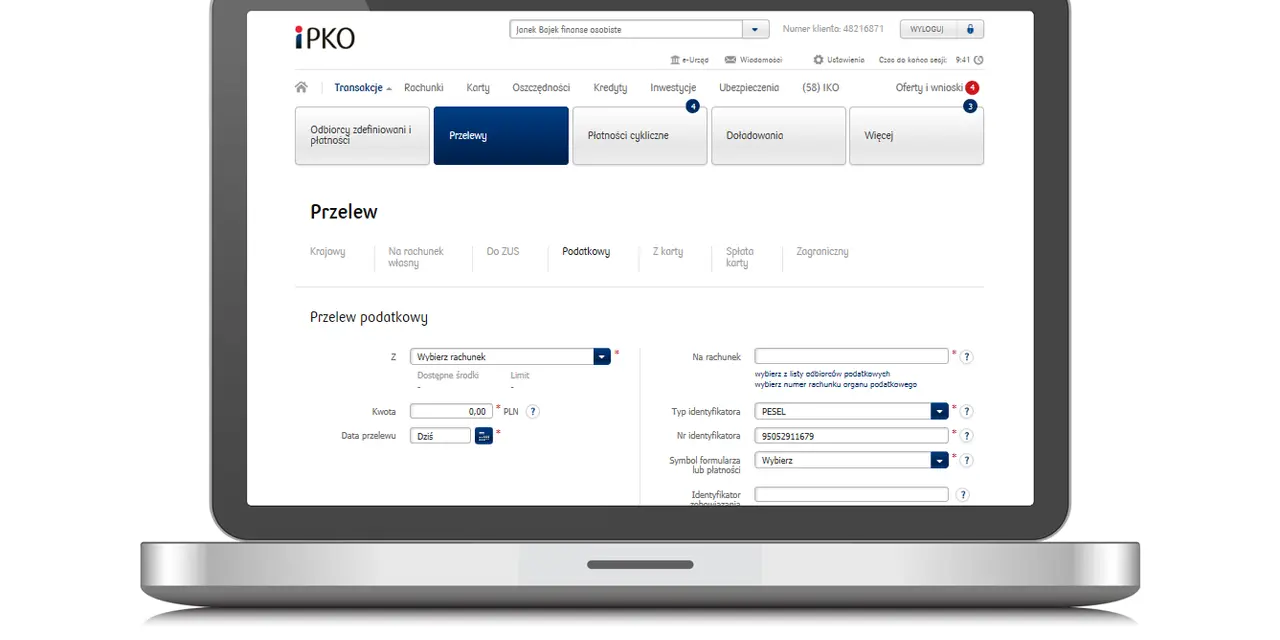 Jak zapłacić mandat? Formularz przelewu podatkowego w bankowości internetowej iPKО. Wpisz dane odbiorcy, kwotę i wybierz rachunek.